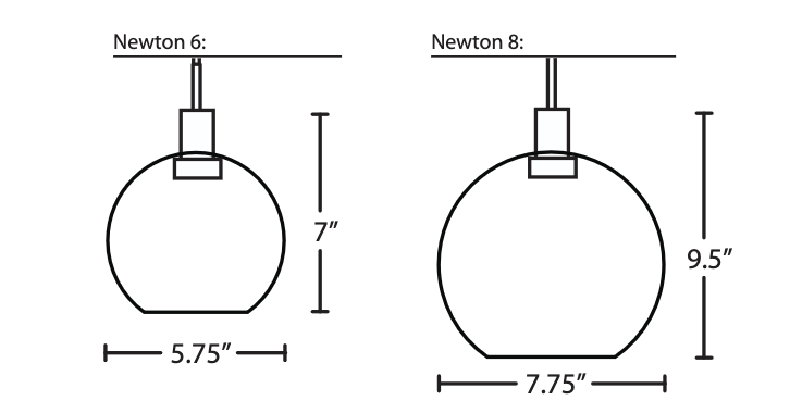 Dimension diagram of the Besa Newton pendant glass with height and diameter measurements