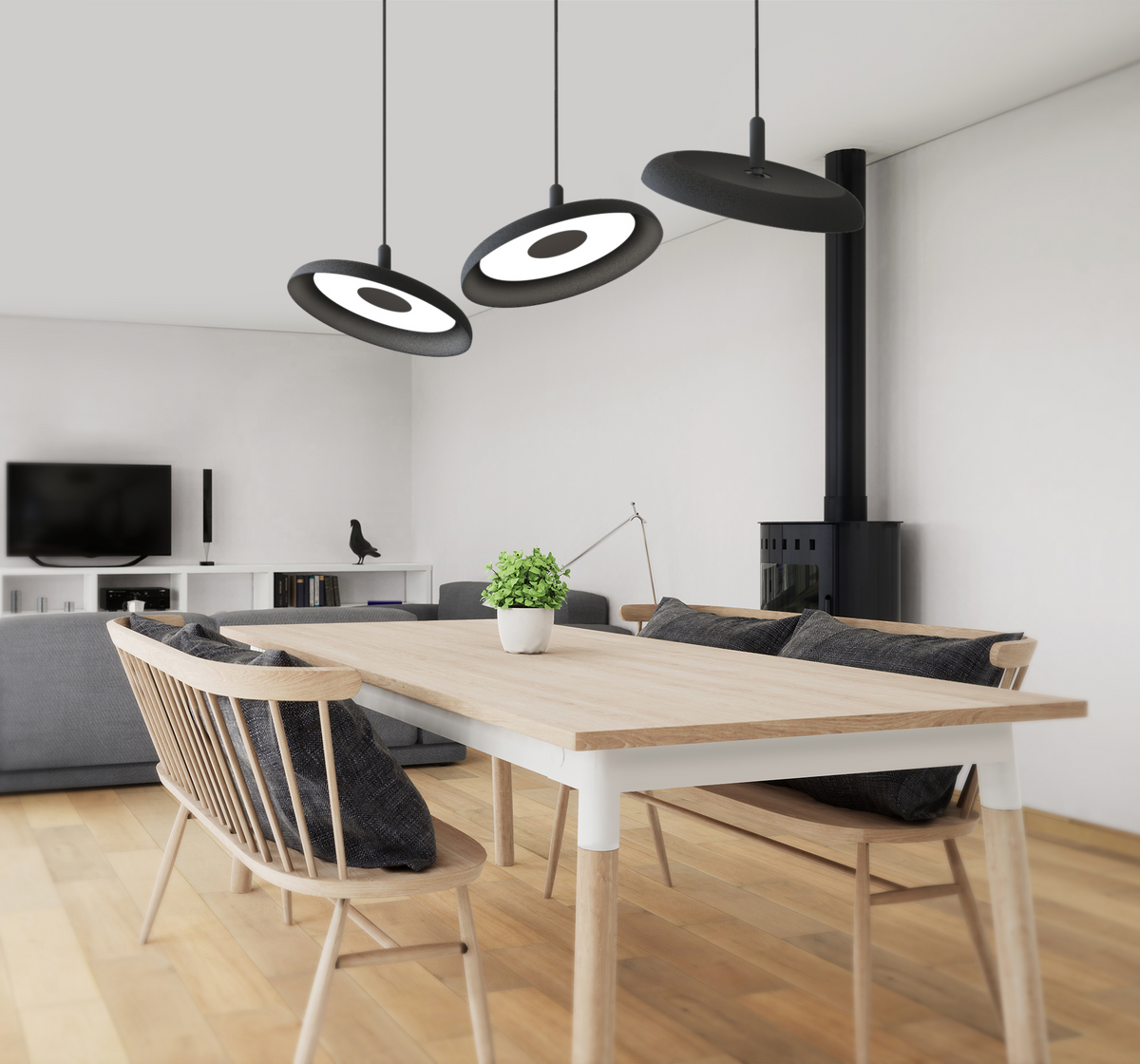 Nivel tilting pendants aimed at a kitchen counter