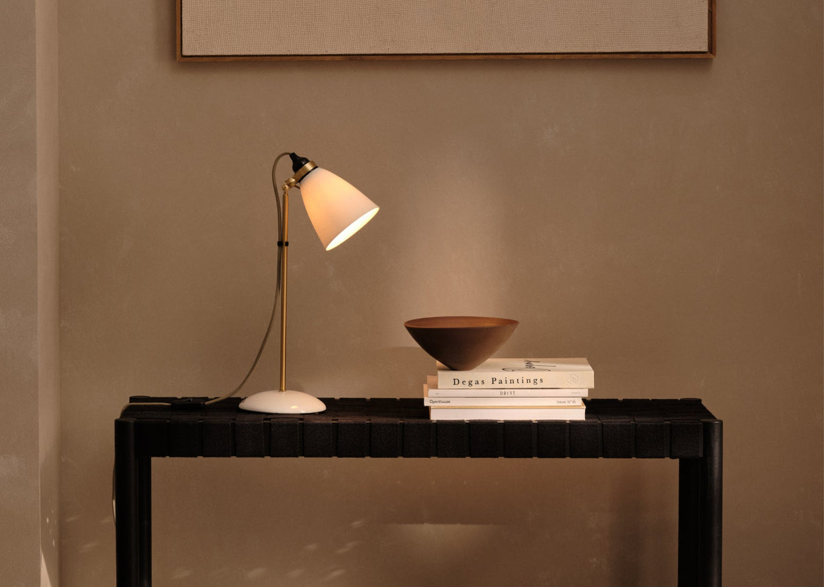 Hector 30 Table Lamp, Satin Brass shown in a room setting