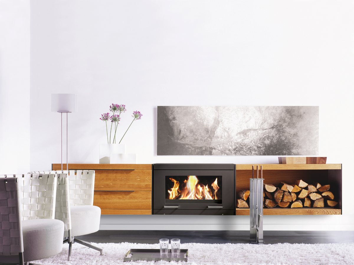Peter Maly Fireside Tools with Floor Stand by Conmoto – in a living room beside a low media unit