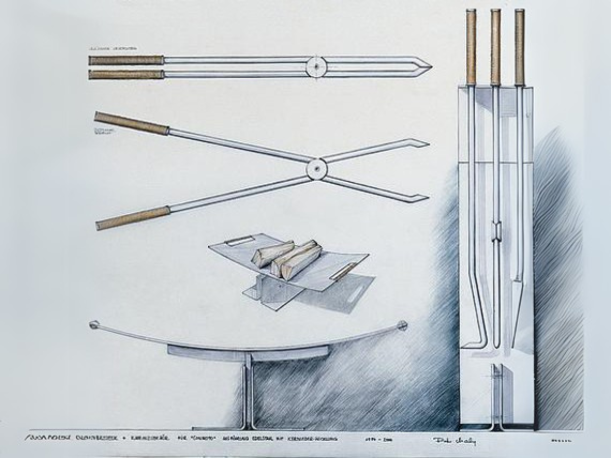 Peter Maly Fireside Tools with Floor Stand by Conmoto – designer drawing of the poker, tongs and shovel