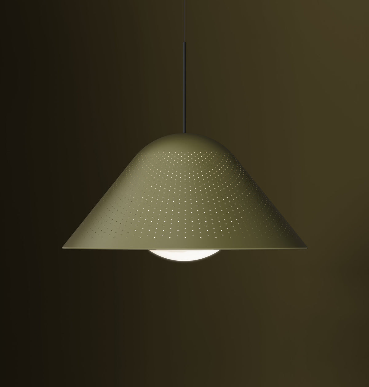 Bola Bell perforated metal pendant in a moss-green room