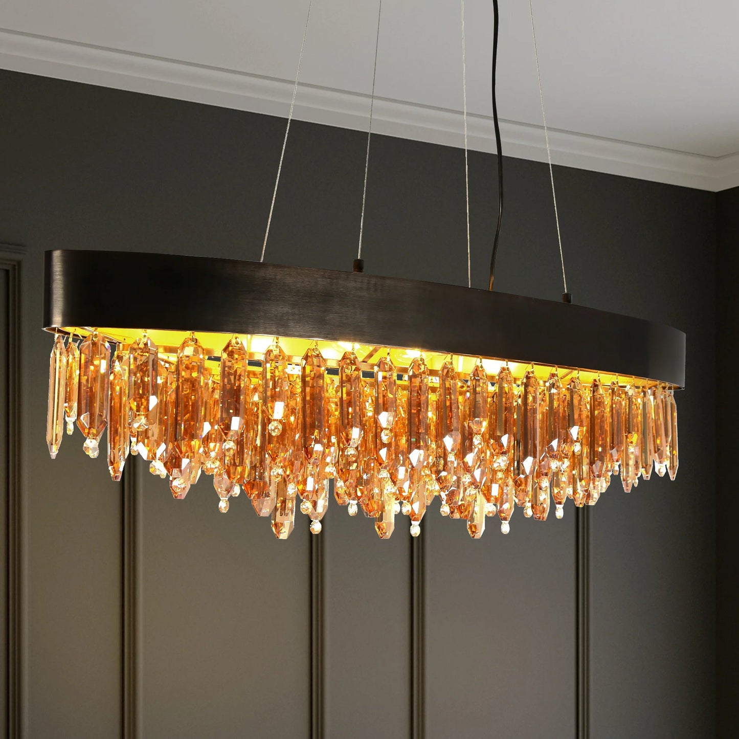 Art Deco Black Brass Oval Chandelier Ha05136 - LNC Home