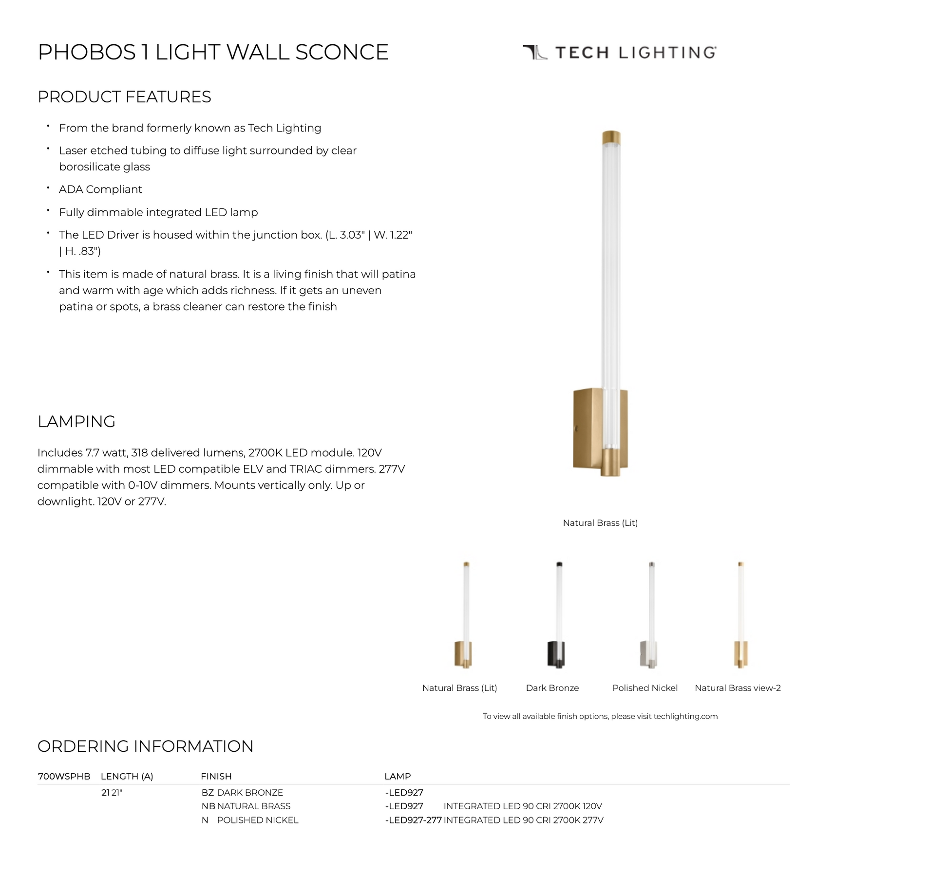 Phobos 1 Light LED Wall Sconce Vertical Brass 700Wsphb21 by Visual & Comfort & Co
