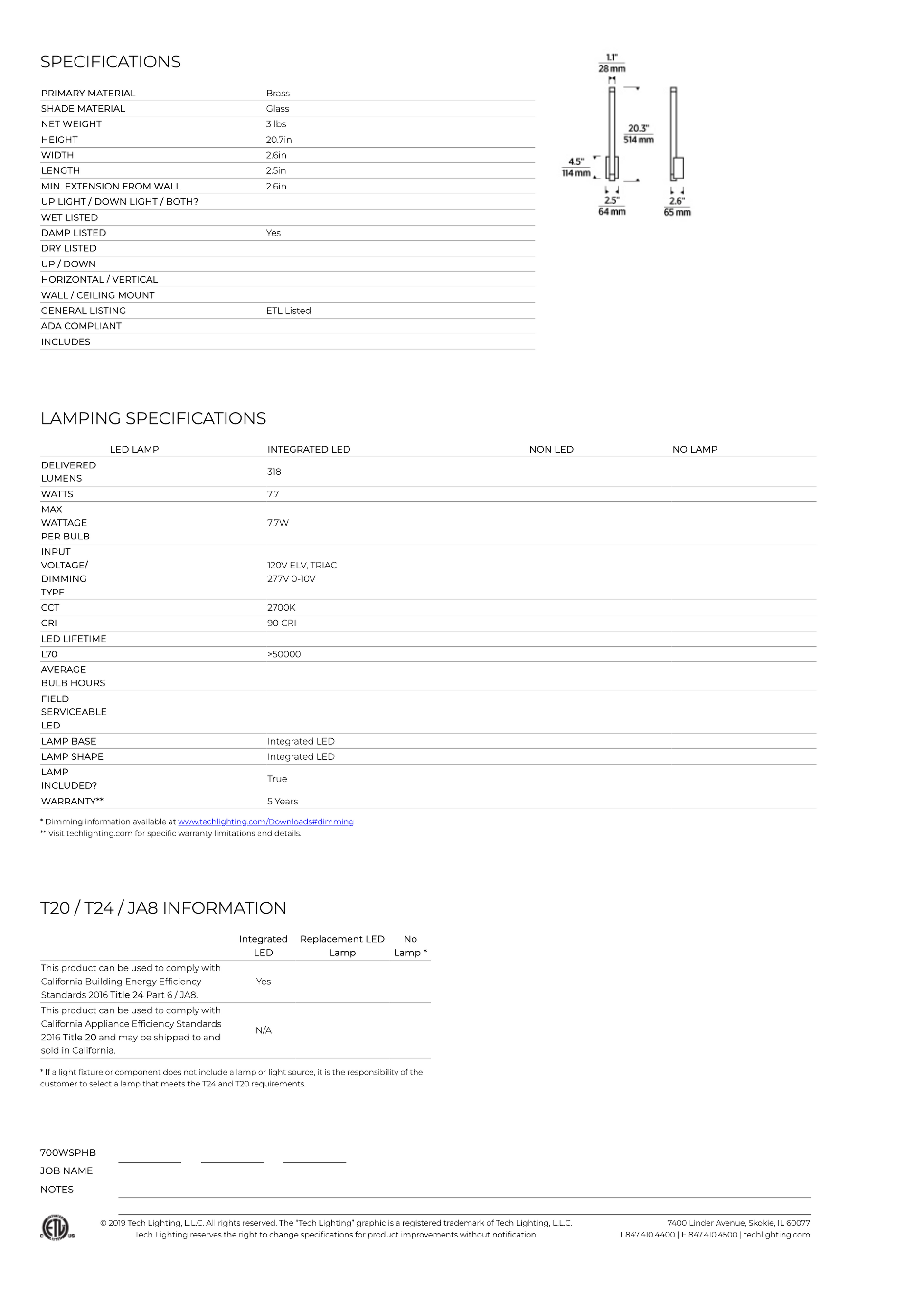 Visual Comfort Phobos 1 Light Led Wall Sconce Vertical Brass 700Wsphb21 