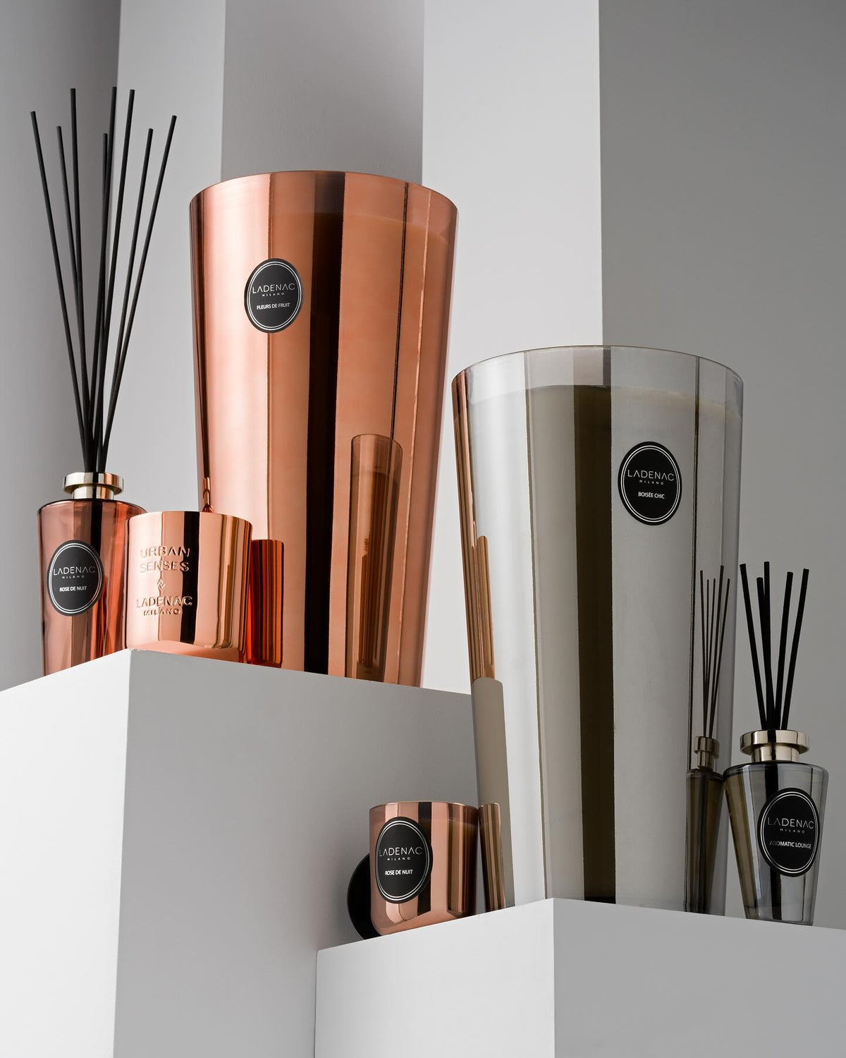Urban Senses 8.5 kg seven-wick candle by Ladenac Milano, tall silver candle styled in a modern room