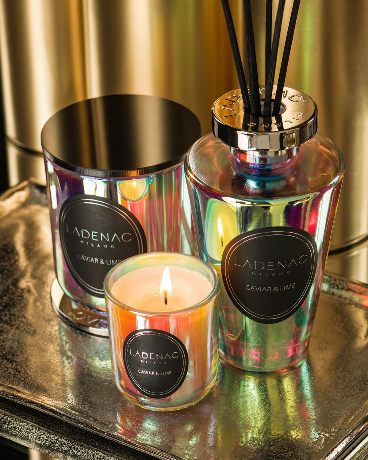 Urban Senses 200 g scented candle by Ladenac Milano, candles and diffuser on a gold tray