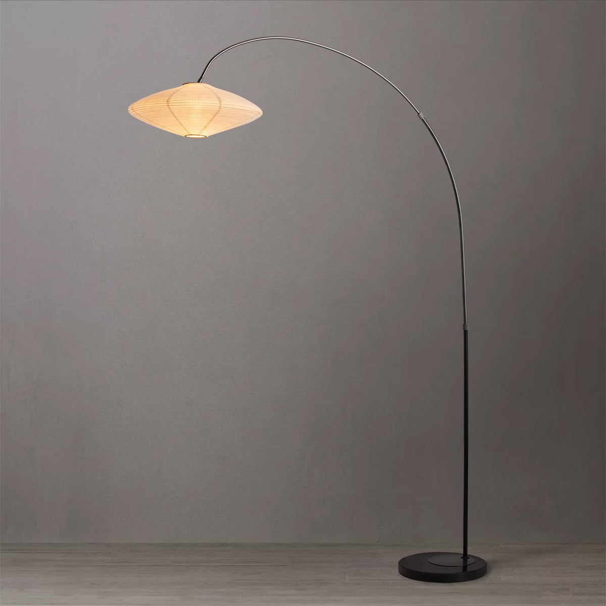 Roswell Arched Floor Lamp with Shinpuru-sa Linen Fabric Shade by Nova of California – view 1