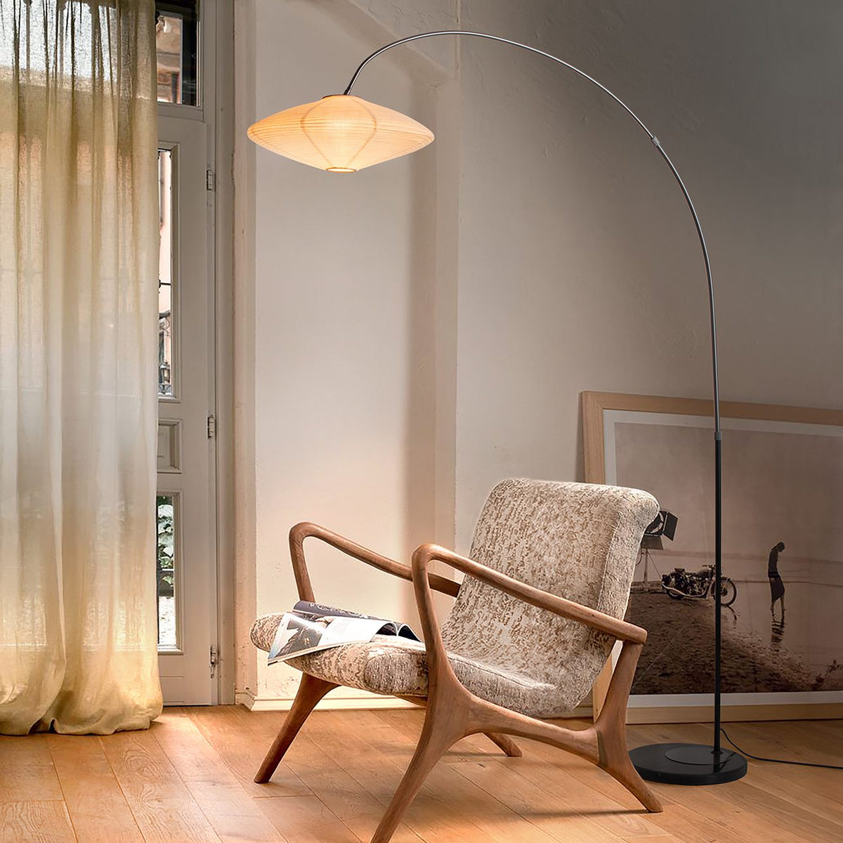 Roswell Arched Floor Lamp with Shinpuru-sa Linen Fabric Shade by Nova of California, Default – view 2