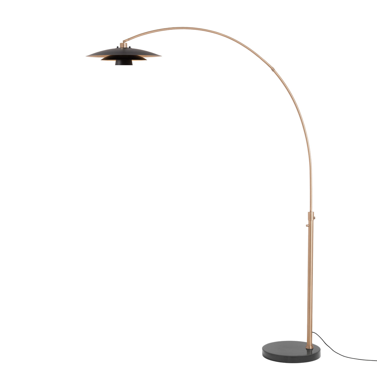 Float 92"H Arc Lamp by Nova of California, Matte Black/Gold shade, Weathered Brass body, Black base – view 2