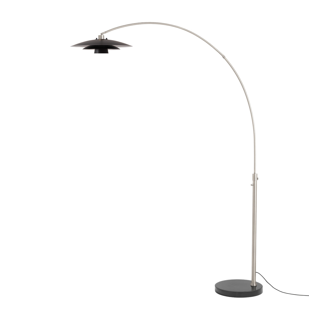 Float 92"H Arc Lamp by Nova of California, Matte Black Silver shade, Satin Nickel body, Black base – view 6