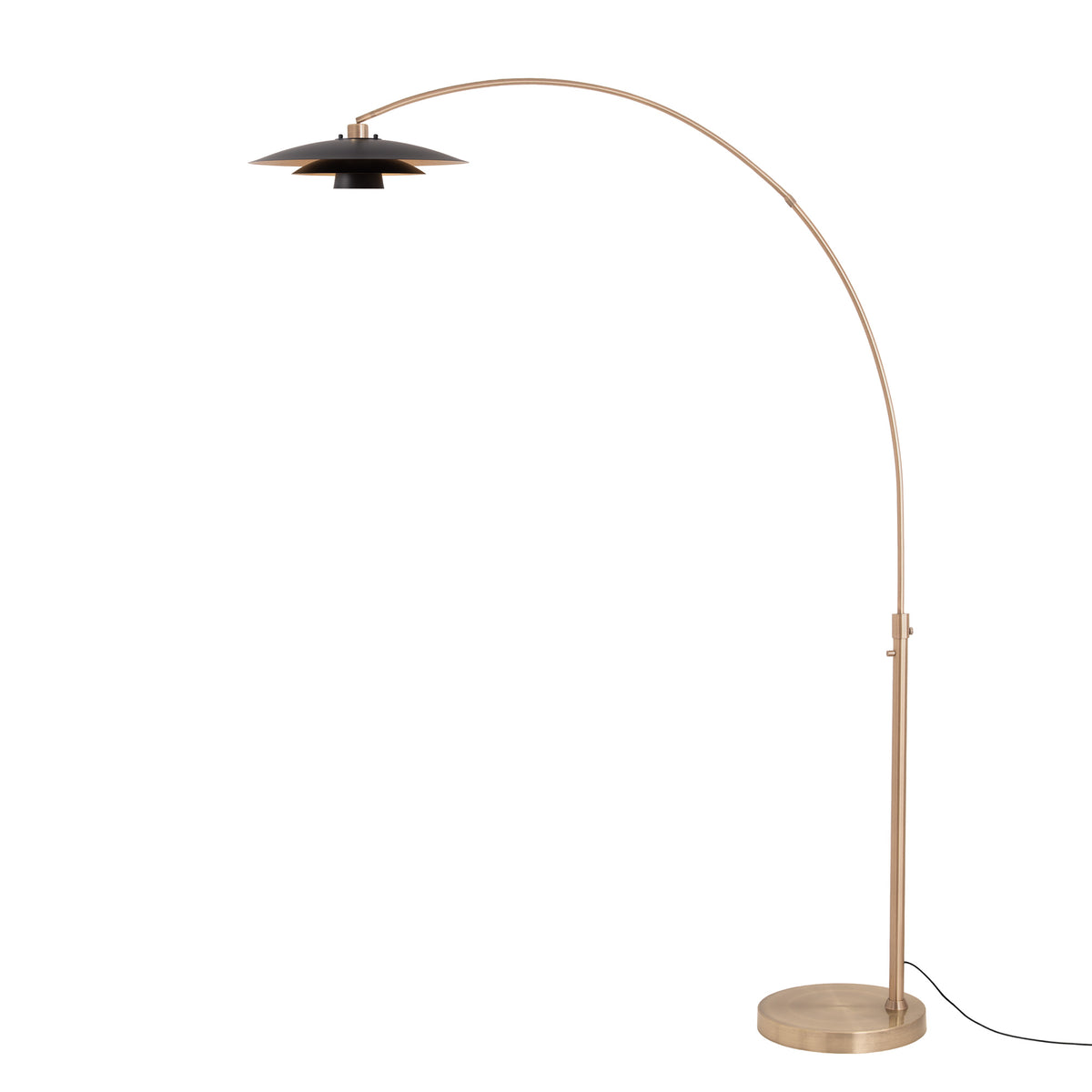 Float 92"H Arc Lamp by Nova of California, Matte Black/Gold shade, Weathered Brass body, Weathered Brass base – view 1