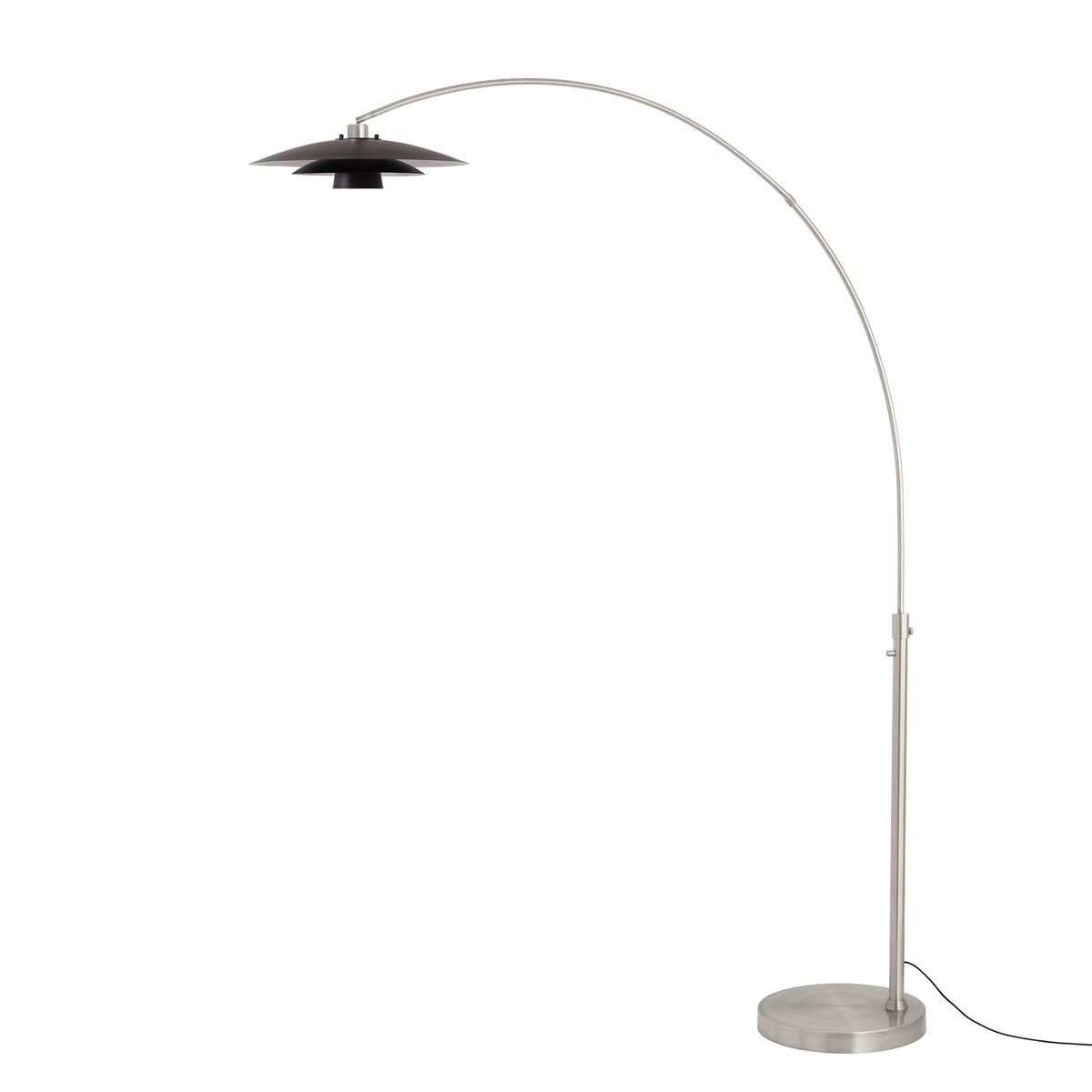 Float 92"H Arc Lamp by Nova of California, Matte Black Silver shade, Satin Nickel body, Satin Nickel base – view 7