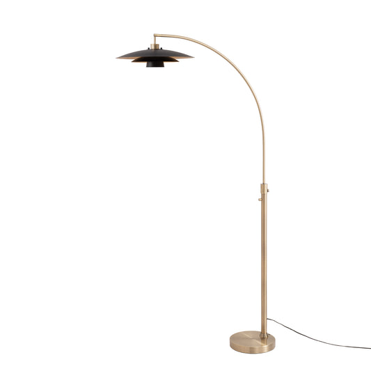 Rancho Mirage 75"H Chairside Arc Lamp by Nova of California, Matte Black/Gold shade, Weathered Brass body – view 1