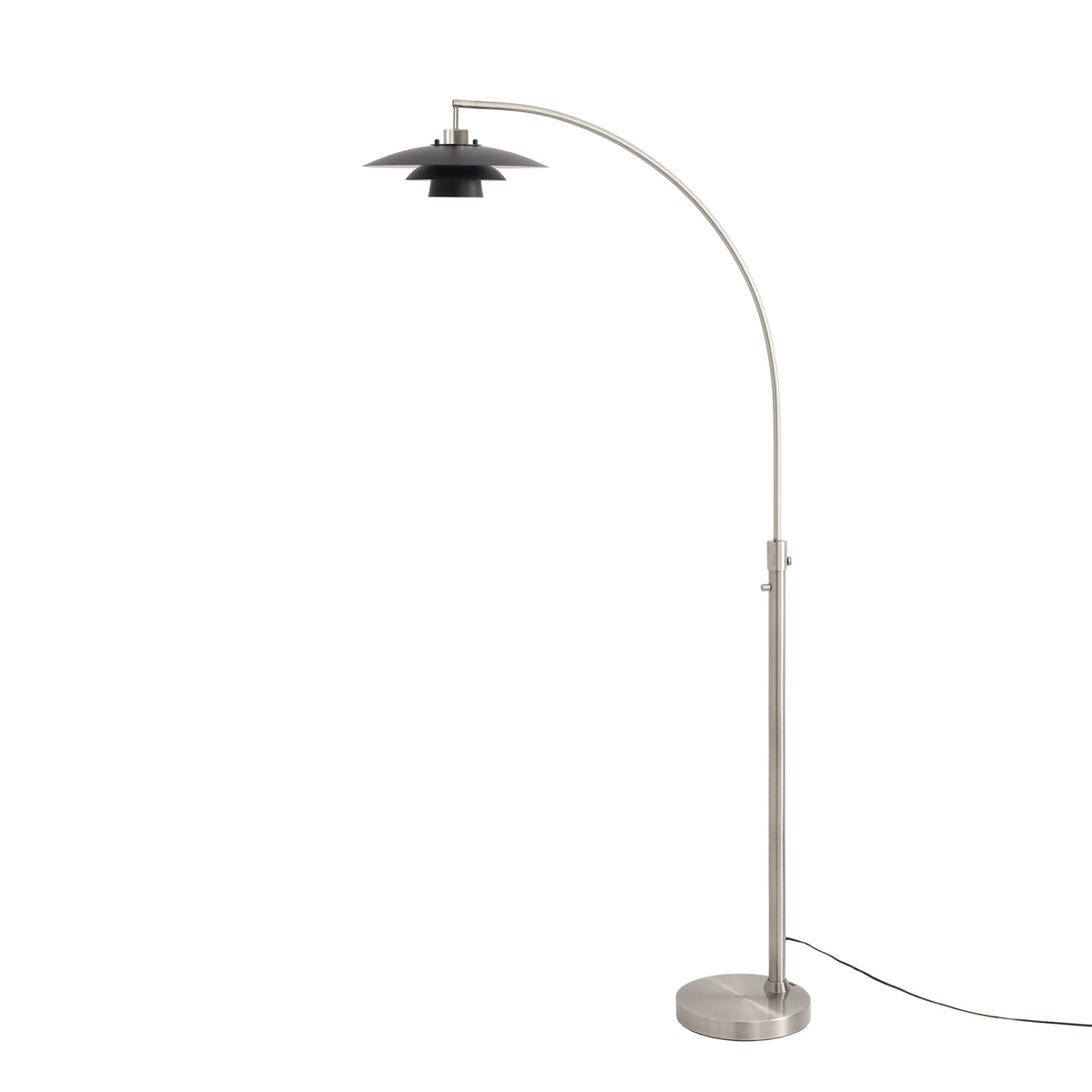 Rancho Mirage 75"H Chairside Arc Lamp by Nova of California, Matte Black Silver shade, Satin Nickel body – view 9
