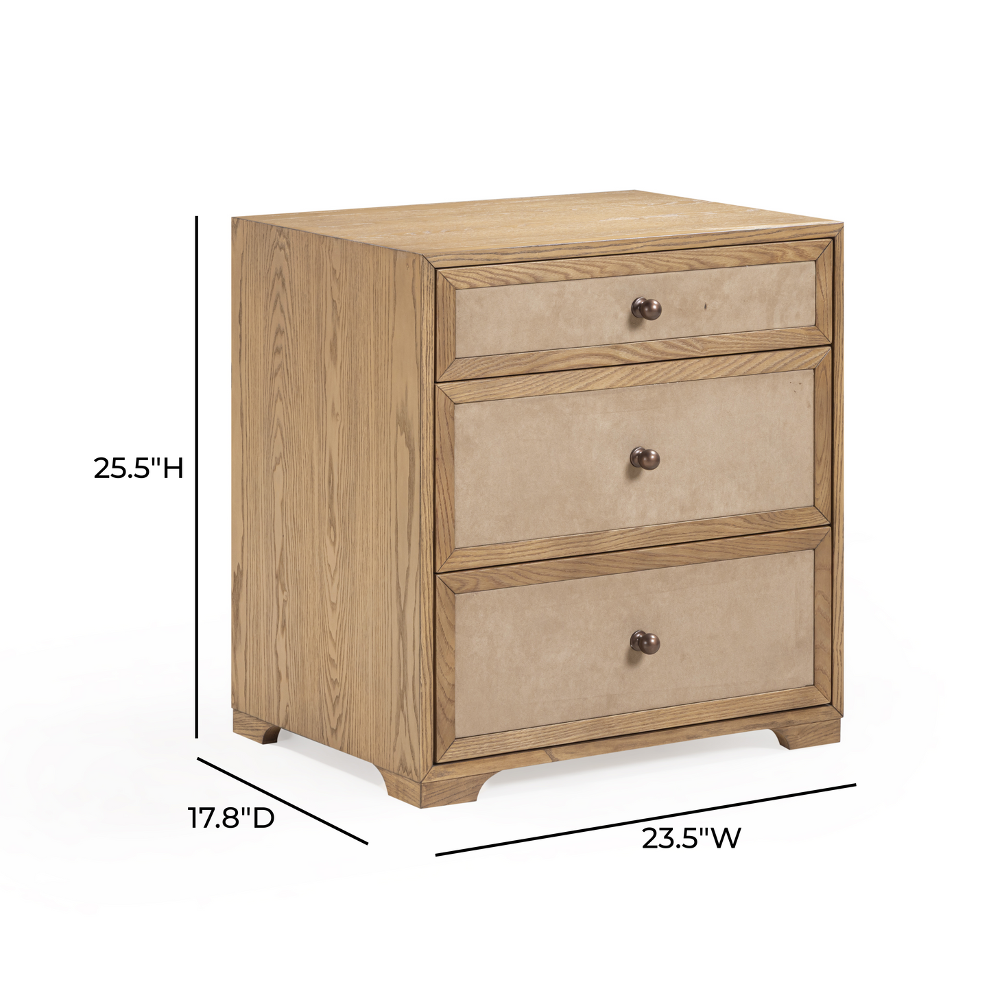Laurentis 23.5" Light Taupe Suede and Wood 3-Drawer Nightstand Natural by Tov Furniture