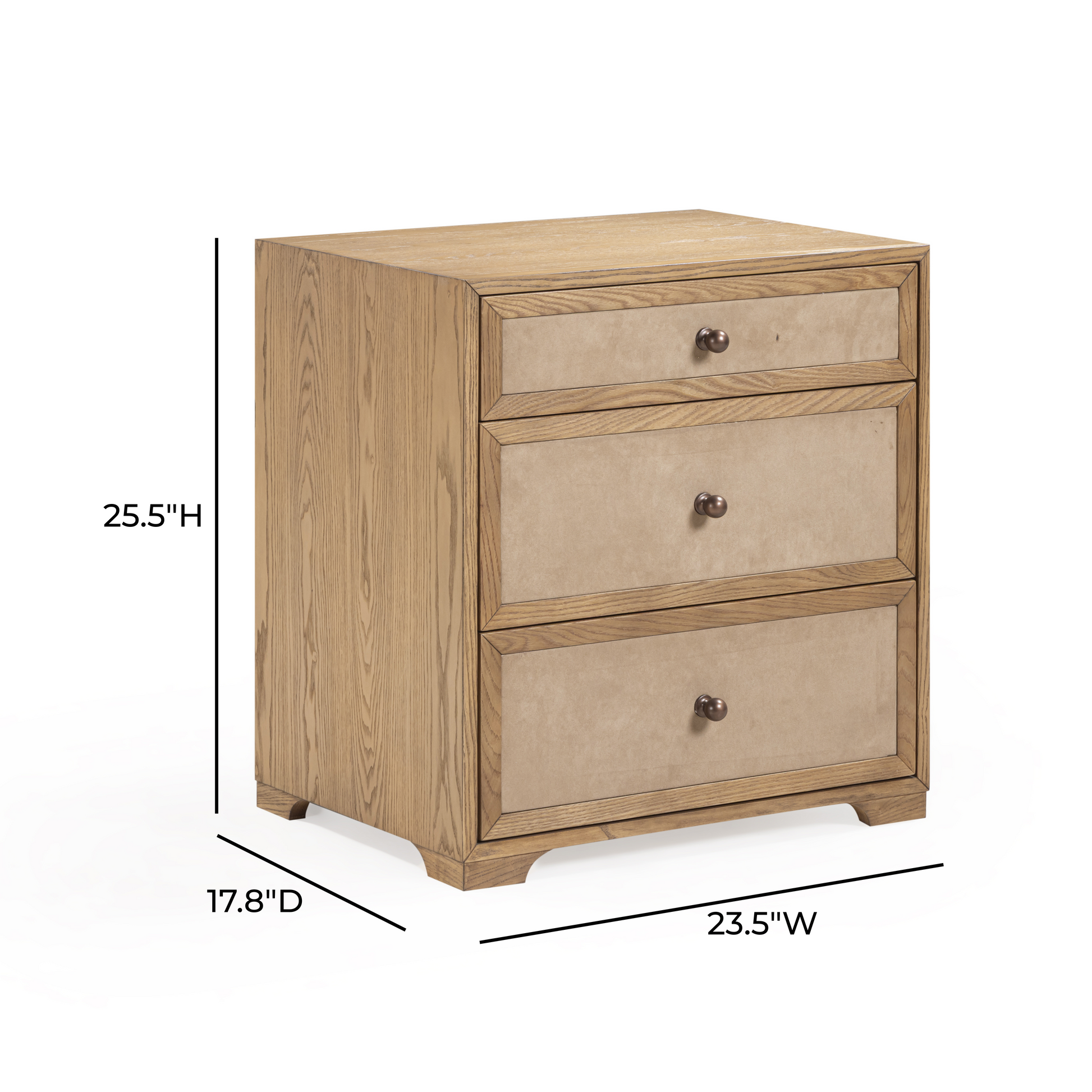 Laurentis 23.5" Light Taupe Suede and Wood 3-Drawer Nightstand Natural by Tov Furniture