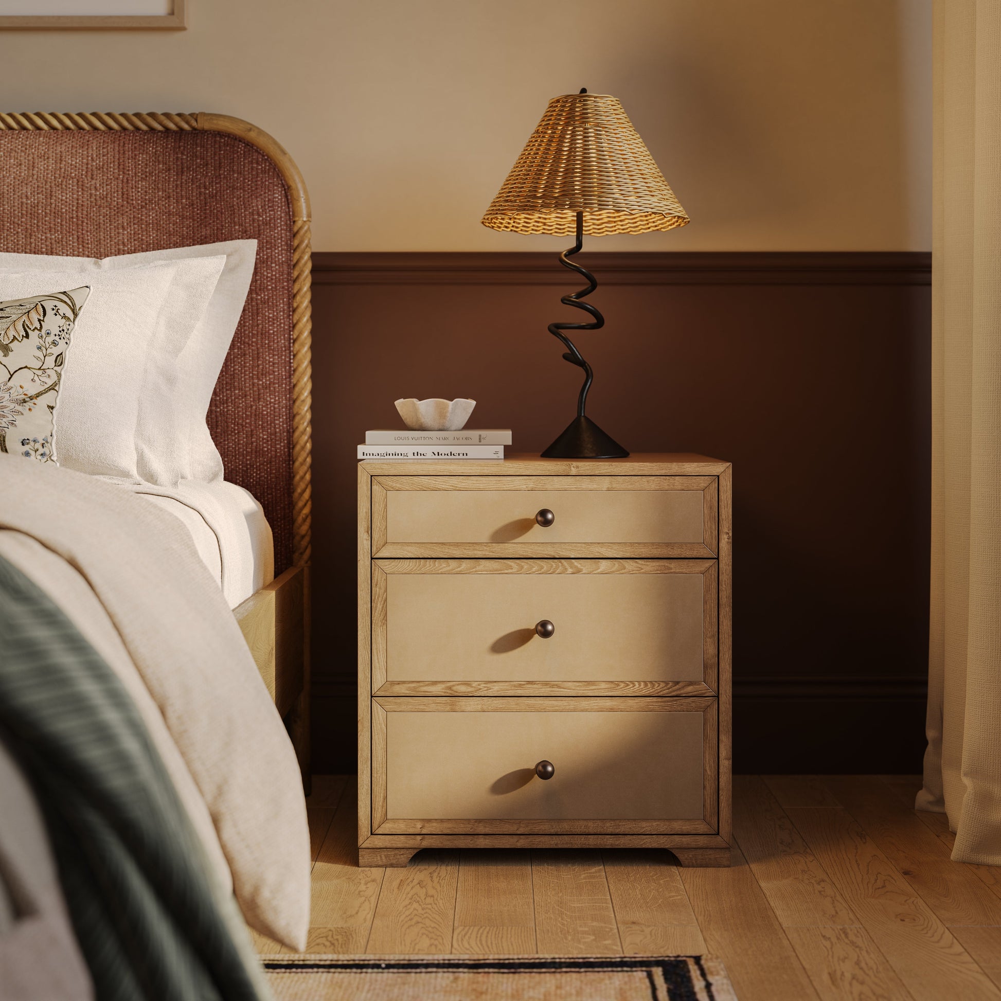 Laurentis 23.5" Light Taupe Suede and Wood 3-Drawer Nightstand Natural by Tov Furniture