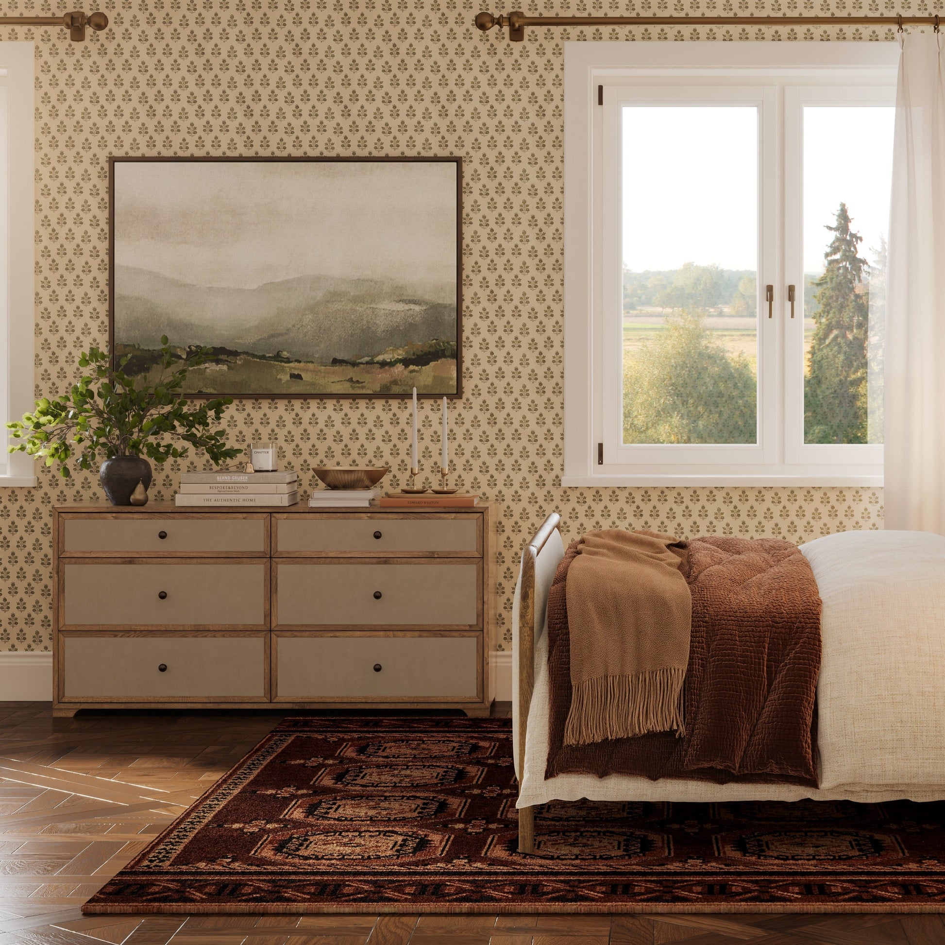 Laurentis 64" Light Taupe Suede and Wood 6-Drawer Dresser Natural by Tov Furniture