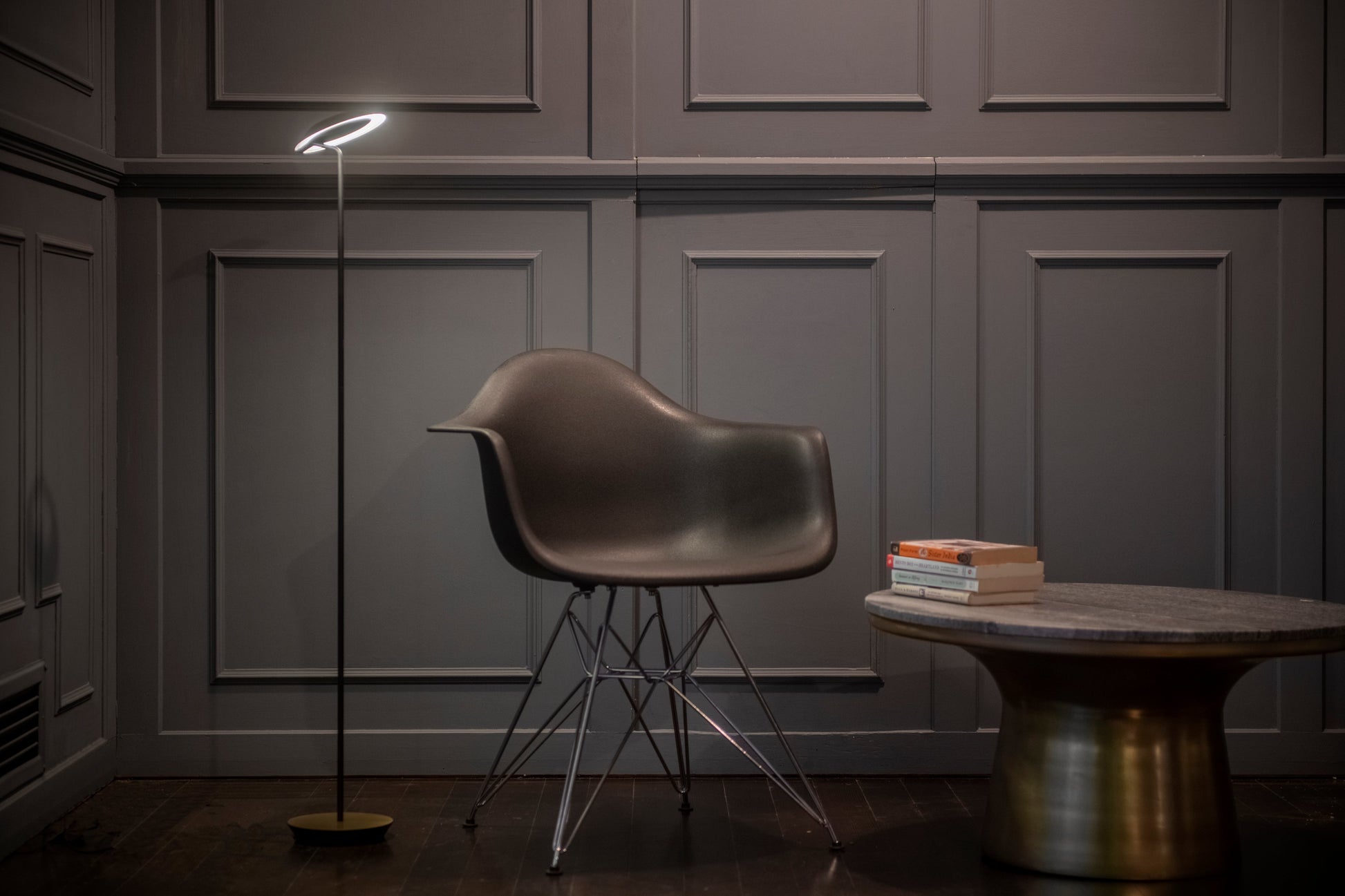 Royyo Floor Lamp Matte White Body Brushed Brass Base Plate Ryo Sw Mwt Brs Flr by Koncept Inc