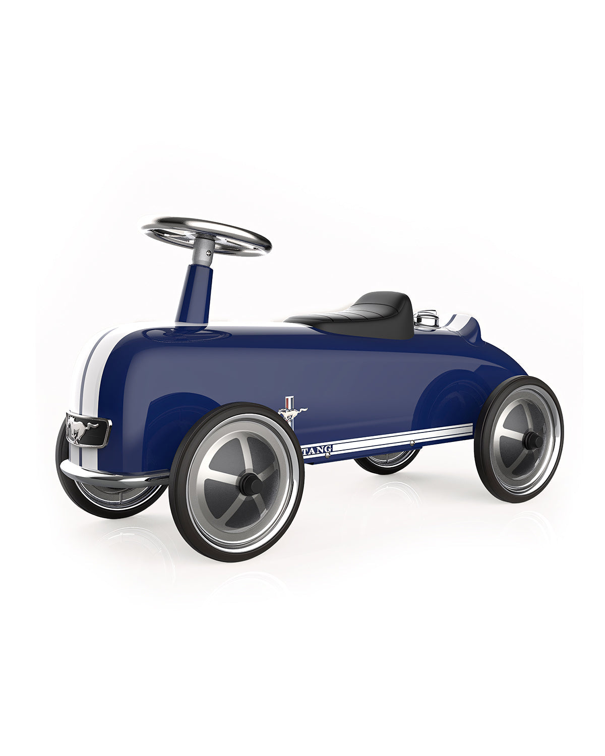 Baghera Ford Mustang metal ride-on car in blue with white racing stripes