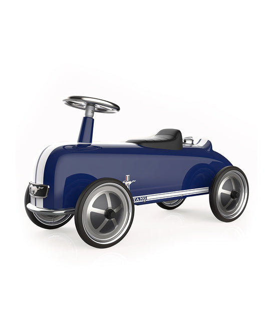 Baghera Ford Mustang metal ride-on car in blue with white racing stripes
