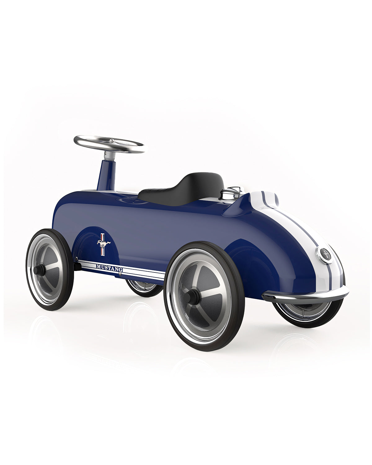 Baghera Ford Mustang metal ride-on car in blue with white racing stripes – view 3
