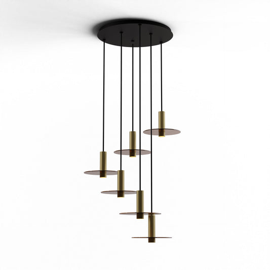 Combi Pendant 6 Circular 6 Combo Brass Matte Black Canopy 9 Glass Plate Tea Brown Attachment Suspension Flush Mount 2 In 1 Cmp C6 S 06 Brs Gtea9 by Koncept Inc