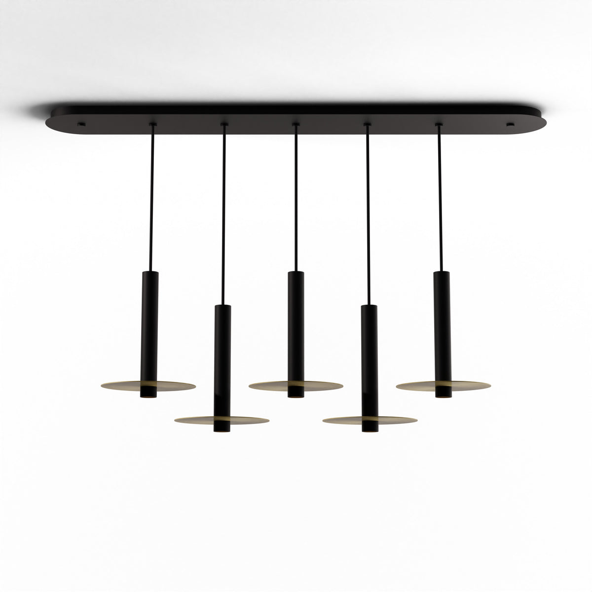Koncept Combi Linear 5-Light LED Pendant, Matte Black, 12" Body, 9" Metal Plate – Brass (CMP-L5-S-12-MTB+MBRS9)
