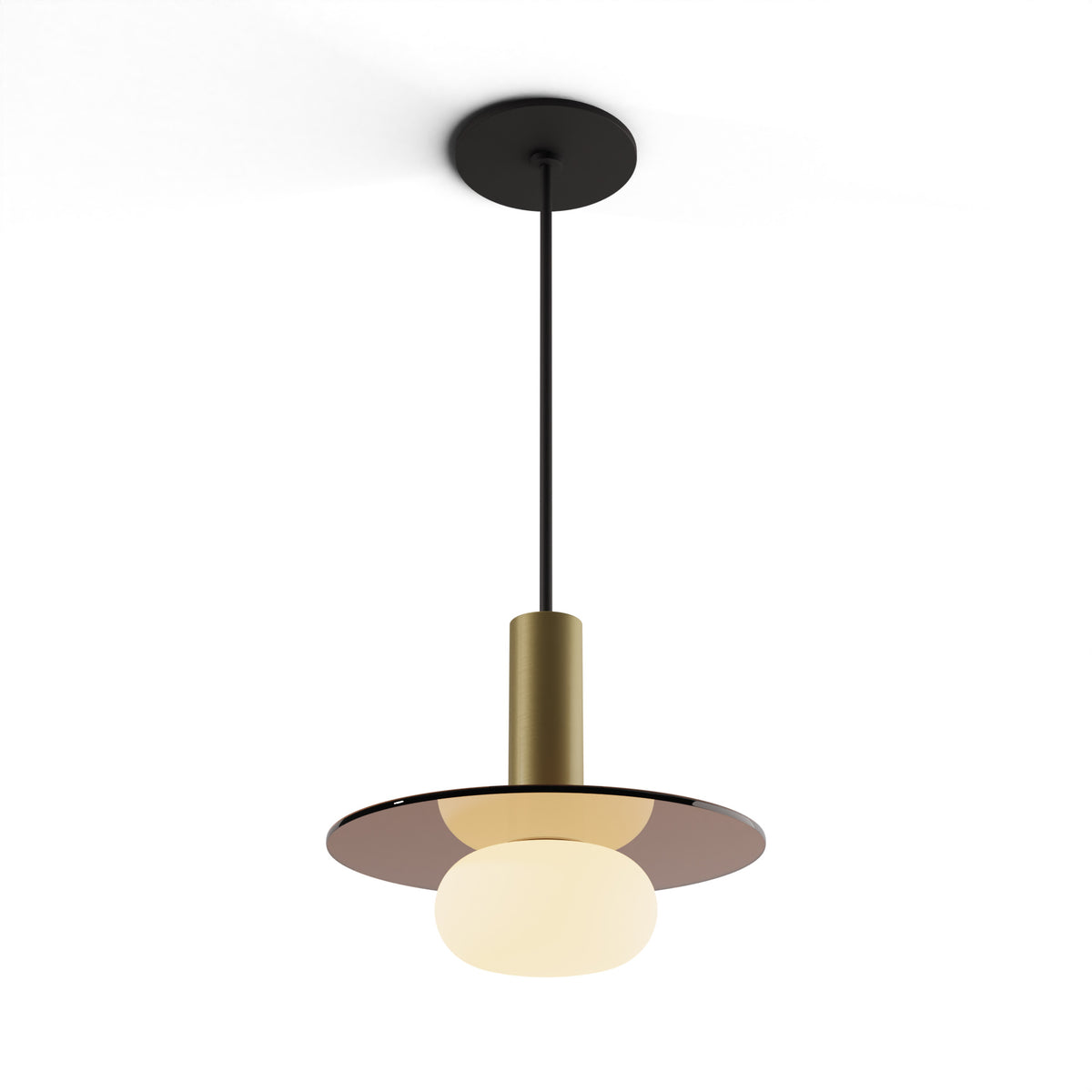 Koncept Combi Single LED Pendant, Brass, 6" Body, 9" Glass Plate – Tea Brown + Frosted Glass Ball (CMP-S1-S-06-BRS+GTEA9+GLB)