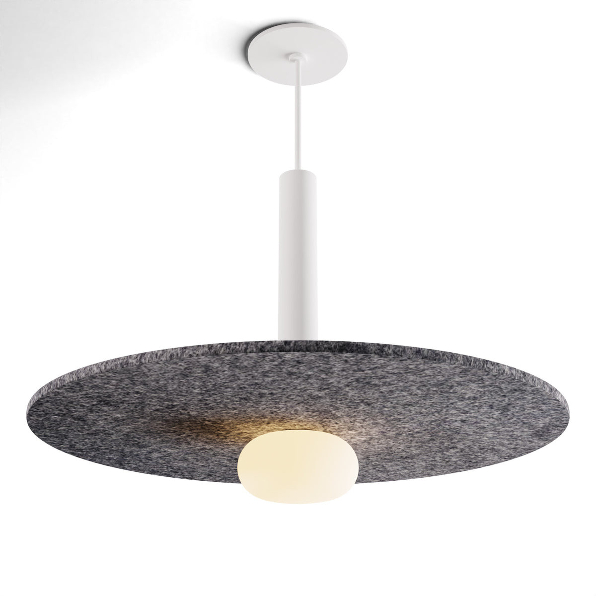 Koncept Combi Single LED Pendant, Matte White, 12" Body, 20" Acoustic Panel – Charcoal + Frosted Glass Ball (CMP-S1-S-12-MWT+ACCL20+GLB)