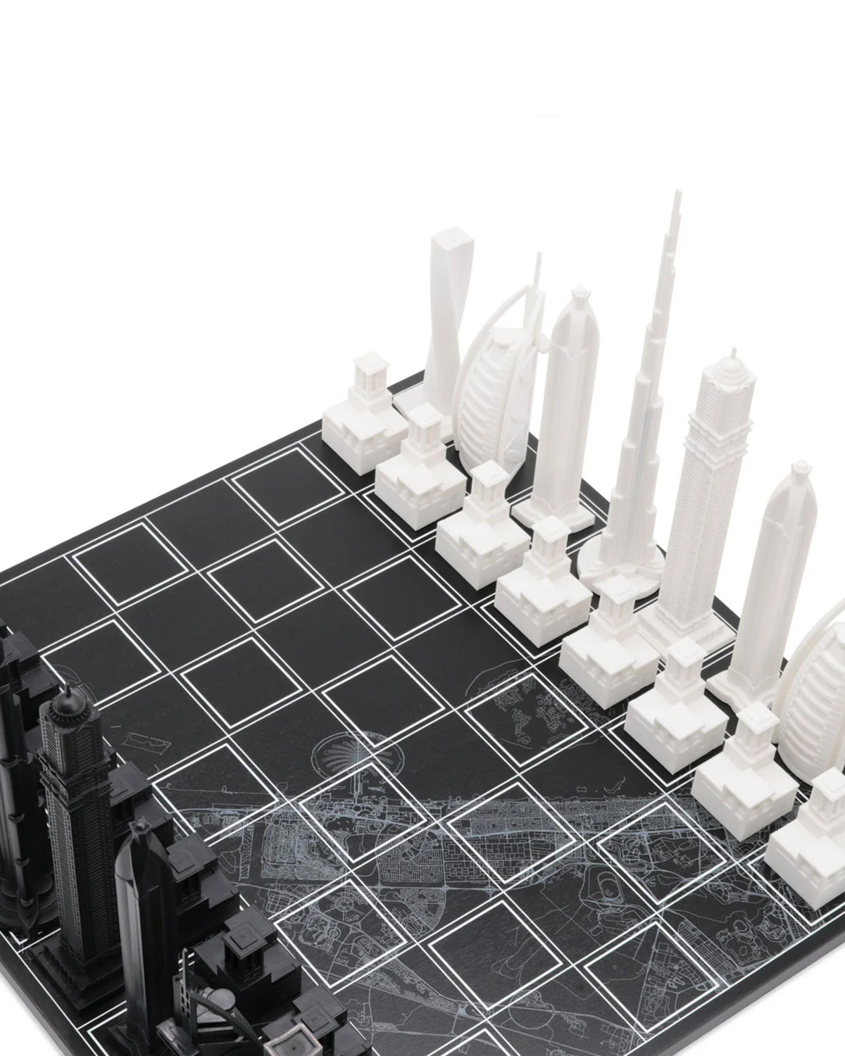 Skyline Chess Dubai Edition acrylic chess set with dubai map board