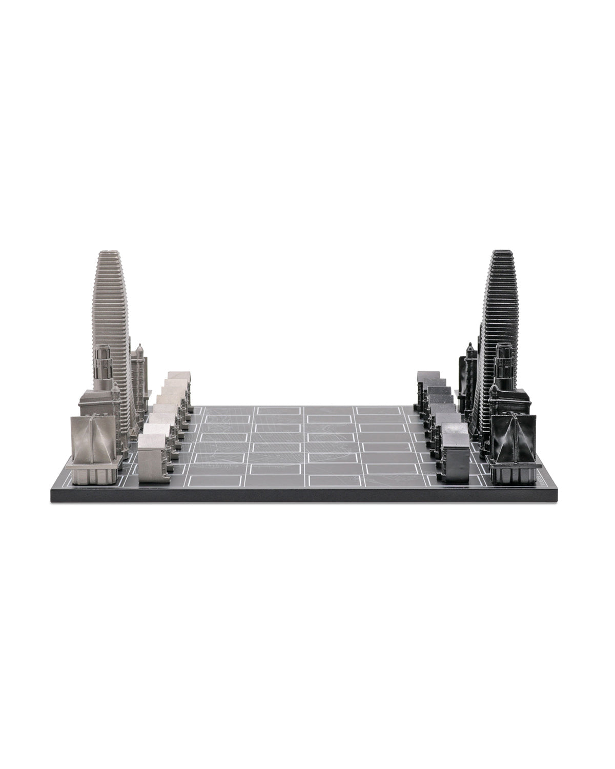 Skyline Chess San Francisco Edition stainless steel chess set with wood map board