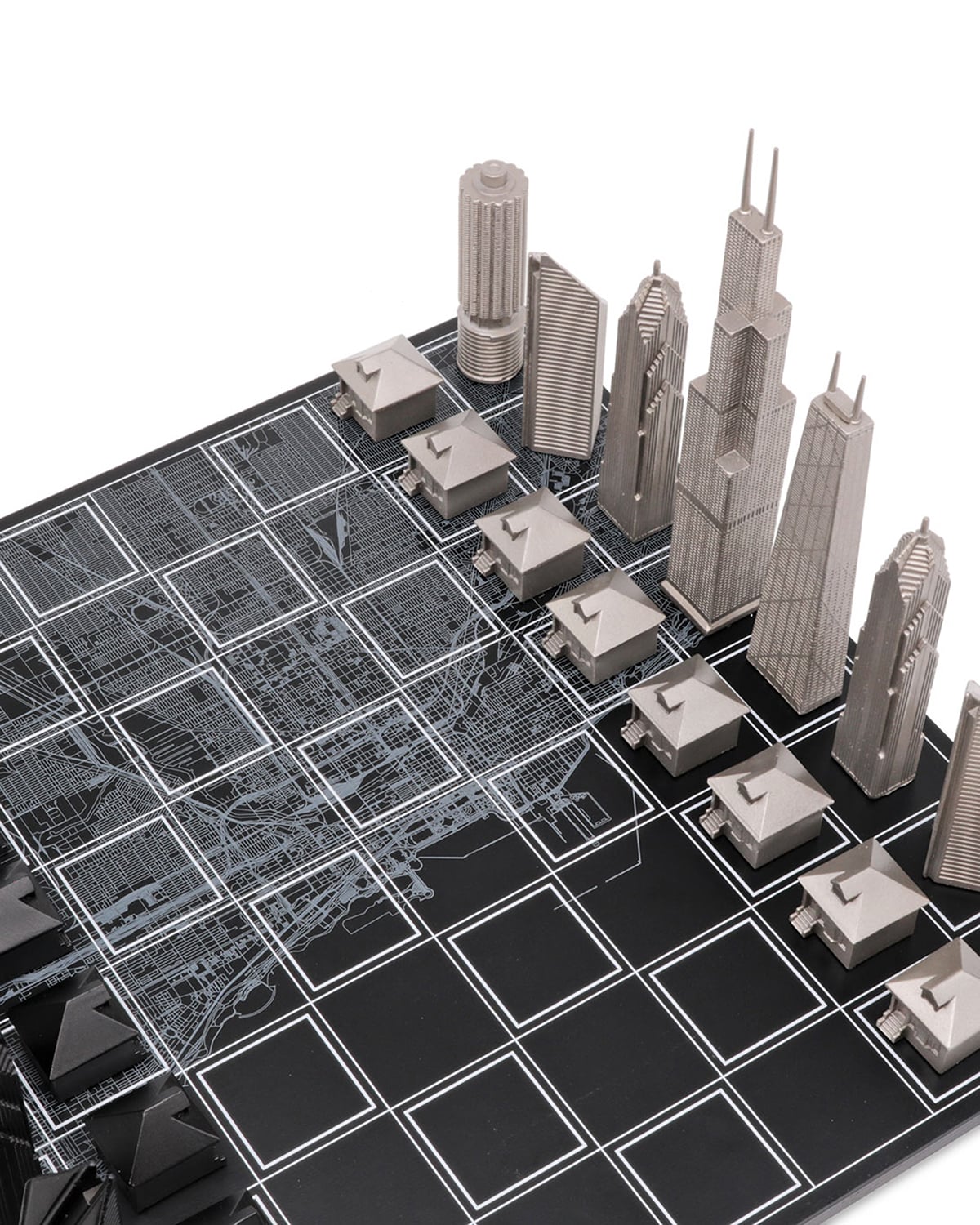 Skyline Chess Chicago Edition stainless steel chess set with wood map board