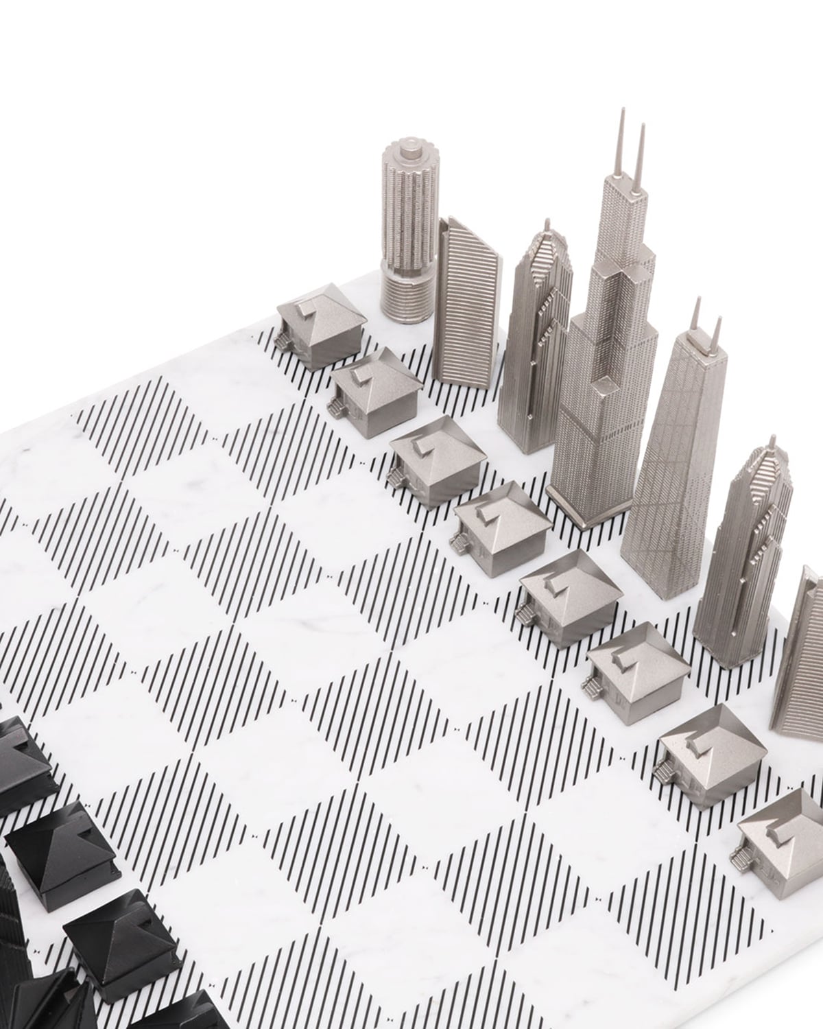 Skyline Chess Chicago Edition stainless steel chess set with carrara marble board