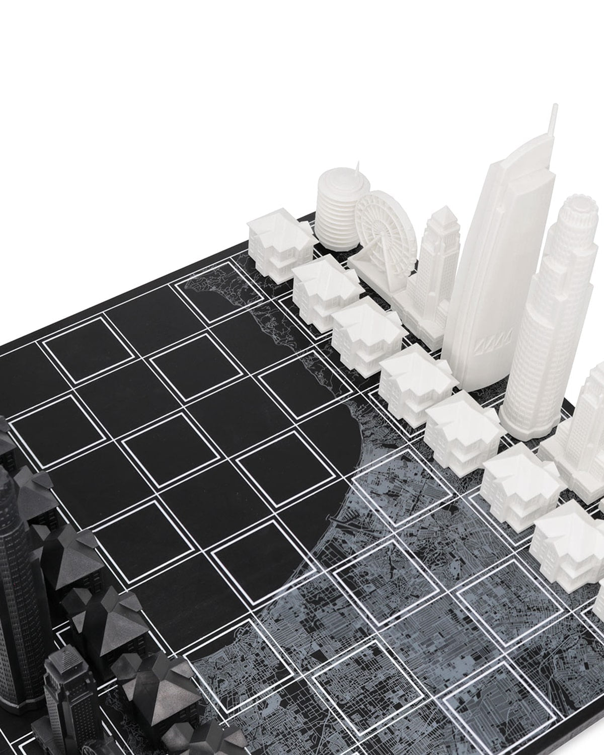 Skyline Chess Los Angeles Edition acrylic chess set with wood map board