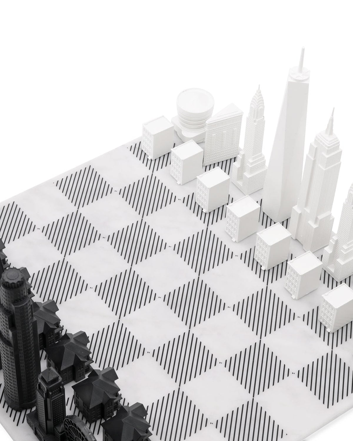 Skyline Chess New York vs Los Angeles Edition acrylic chess set with marble hatch board
