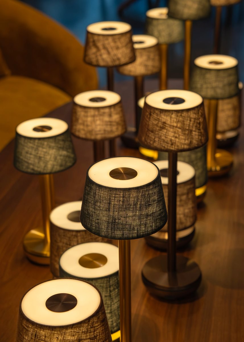 Humble Air Cordless Table Lamp by Humble, Gold with Emerald Linen Shade (image 33)