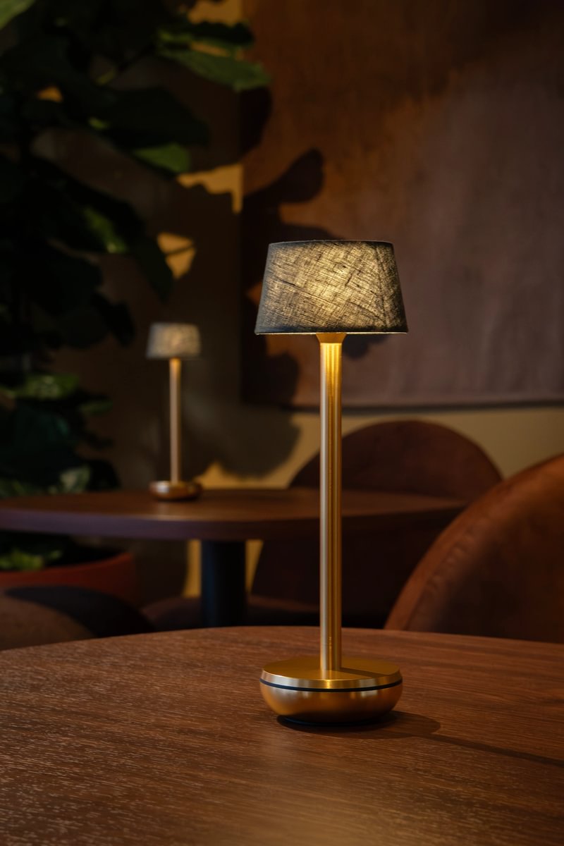 Humble Air Cordless Table Lamp by Humble, Gold with Emerald Linen Shade (image 35)