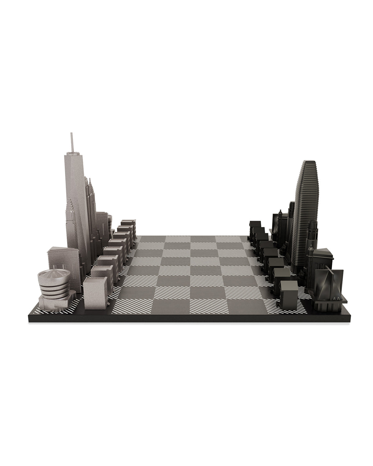 Skyline Chess New York vs San Francisco Edition stainless steel chess set with black & white hatch board