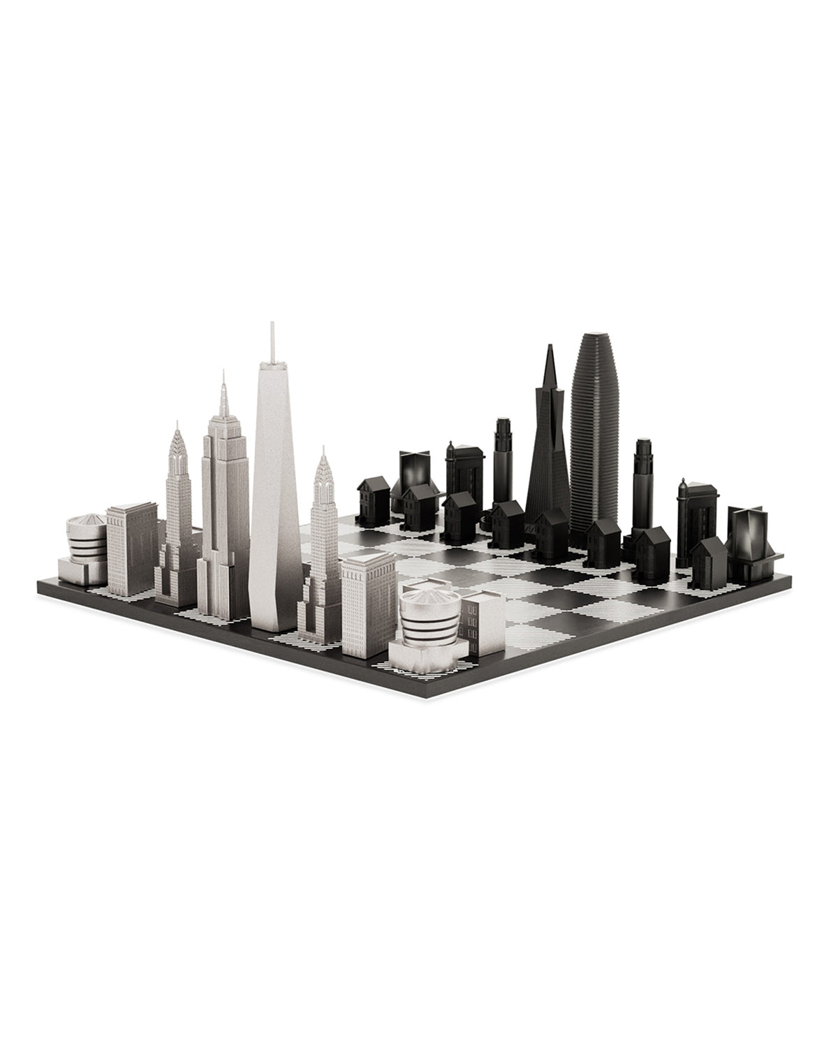 Skyline Chess New York vs San Francisco Edition stainless steel chess set with black & white hatch board – photo 2