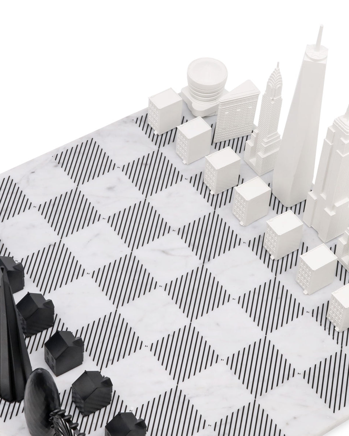 Skyline Chess London vs New York Edition acrylic chess set with marble hatch board
