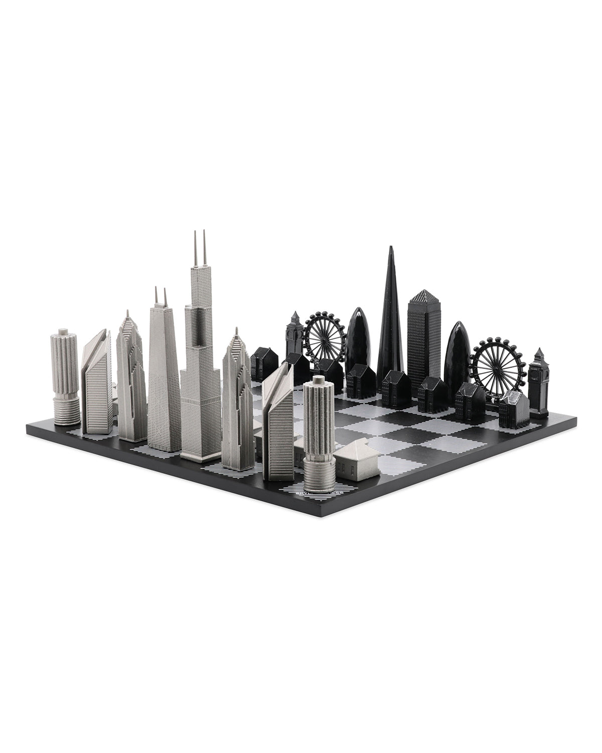 Skyline Chess London vs Chicago Edition stainless steel chess set with black & white hatch board