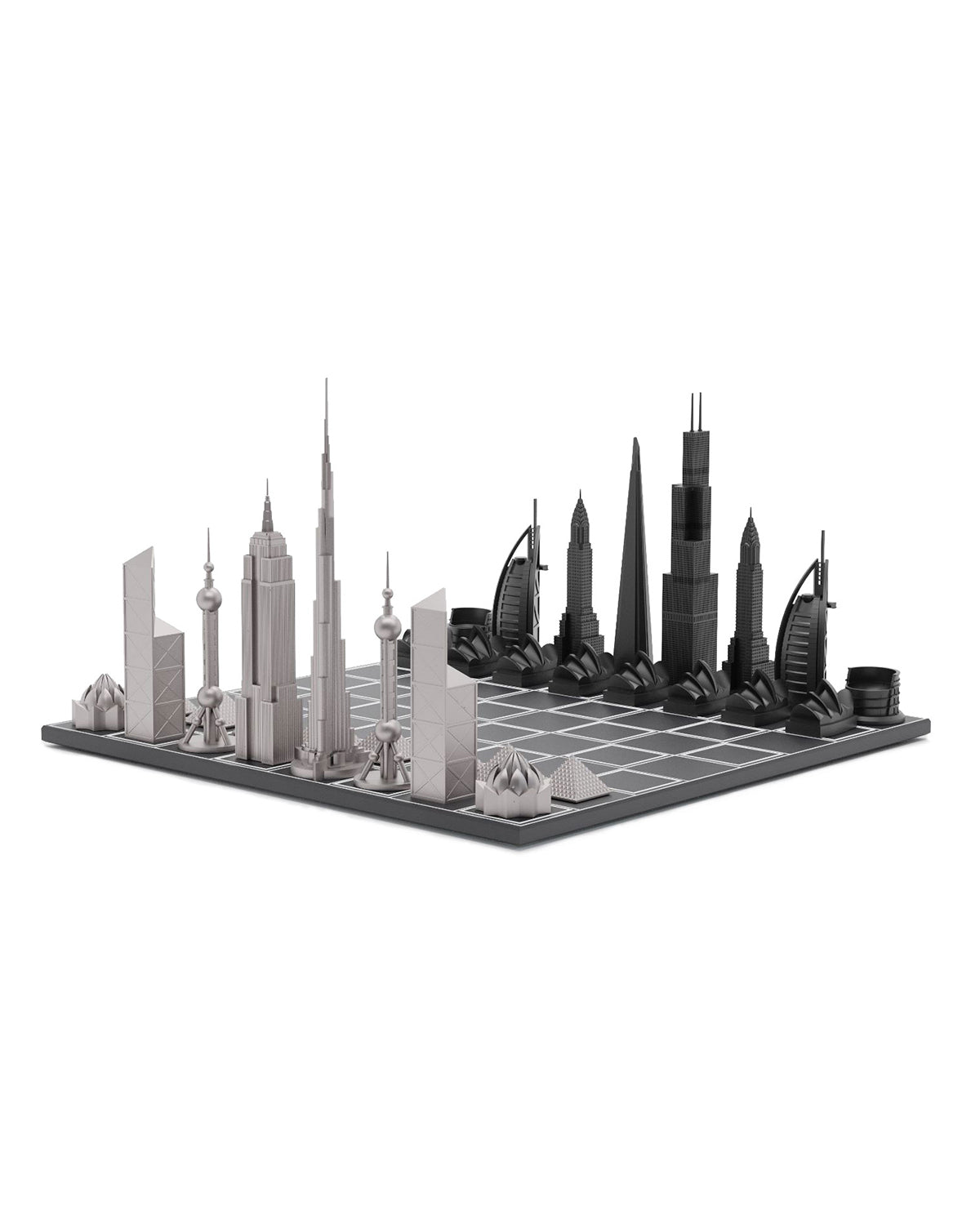 Skyline Chess World Icons Edition stainless steel chess set with wooden grid board – photo 2