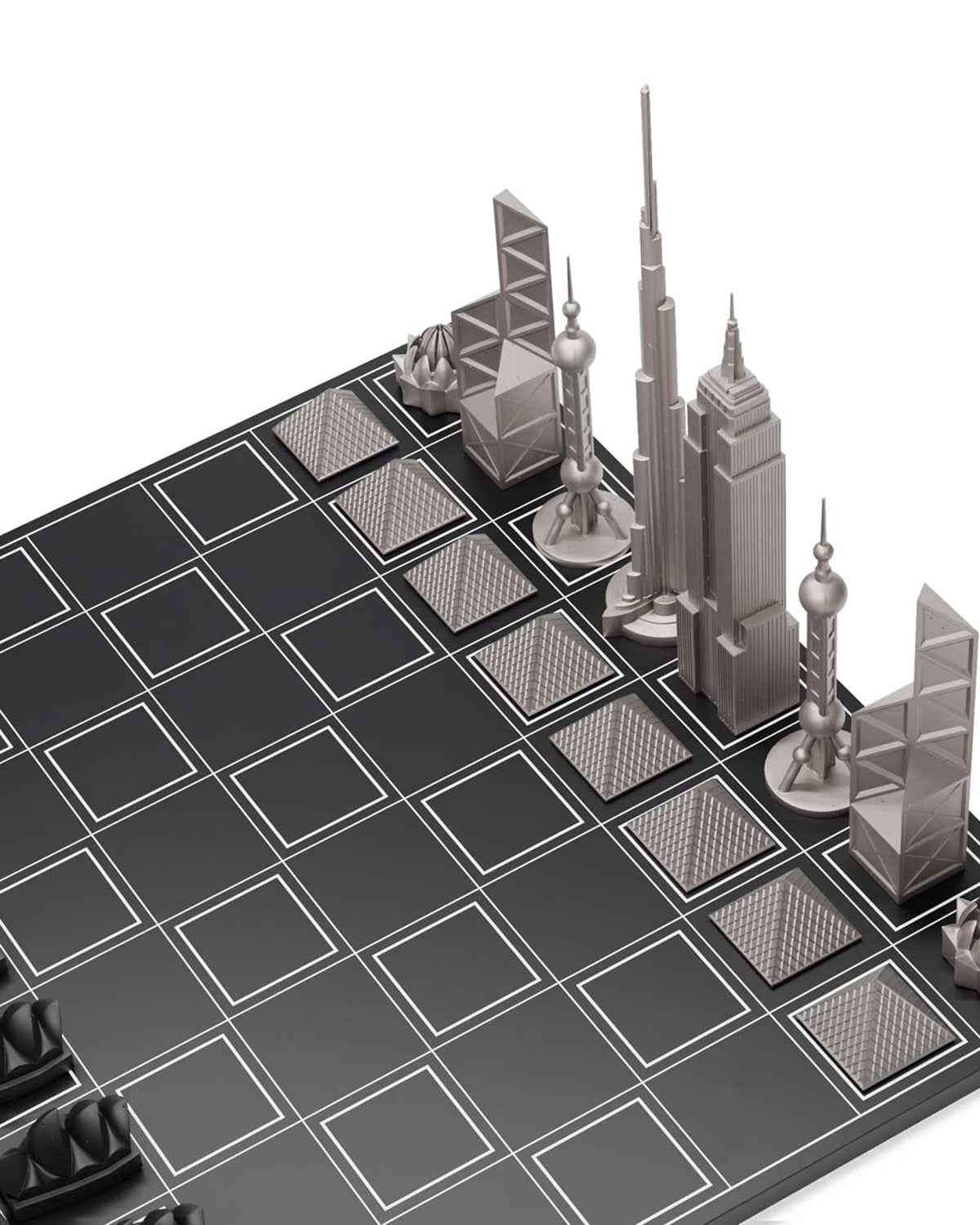 Skyline Chess World Icons Edition stainless steel chess set with wooden grid board