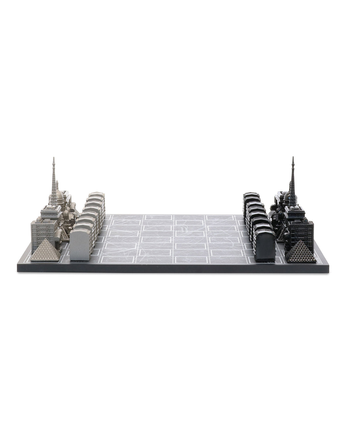 Skyline Chess Paris Edition stainless steel chess set with wood map board