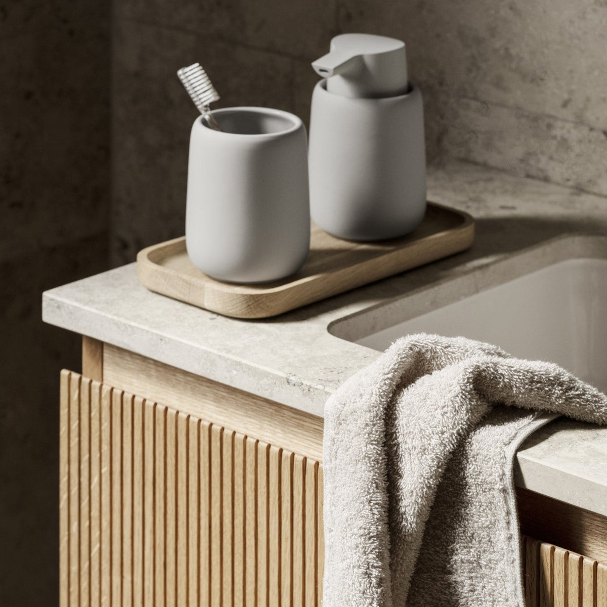 blomus OKU Rectangular Solid Oak Tray, Natural or Black – OKU rectangular tray in a styled setting (1)