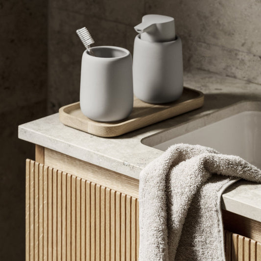 blomus OKU Rectangular Solid Oak Tray, Natural or Black – OKU rectangular tray in a styled setting (1)