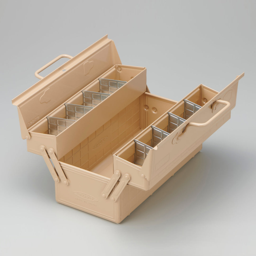 Toyo Steel ST-350 Two-Level Cantilever Toolbox – Beige, open with the tray and dividers