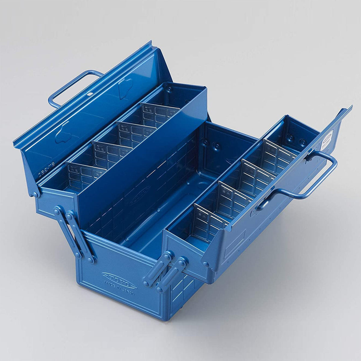 Toyo Steel ST-350 Two-Level Cantilever Toolbox – Blue, open showing both levels